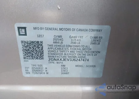 2018 Chevrolet Equinox Lt из США, поврежденный, VIN 2GNAXJEV3J6247474